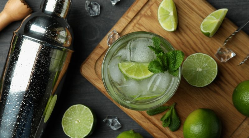 Glass of mojito cocktail, ingredients and shaker on dark wooden background