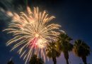 Scenic bright fireworks over the palm trees in the evening