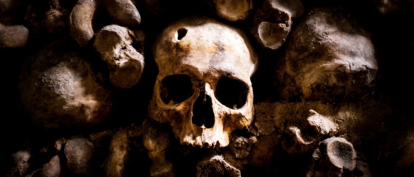 skulls and bones in Paris Catacombs