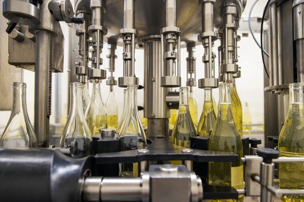 White wine bottle production at winer
