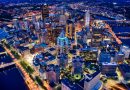 Aerial shot of the night Pittsburgh cityscape in Pennsylvania