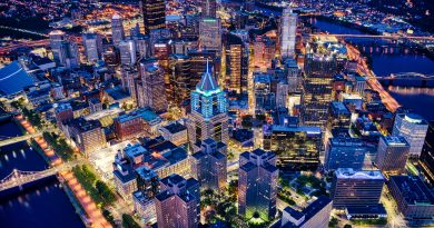 Aerial shot of the night Pittsburgh cityscape in Pennsylvania