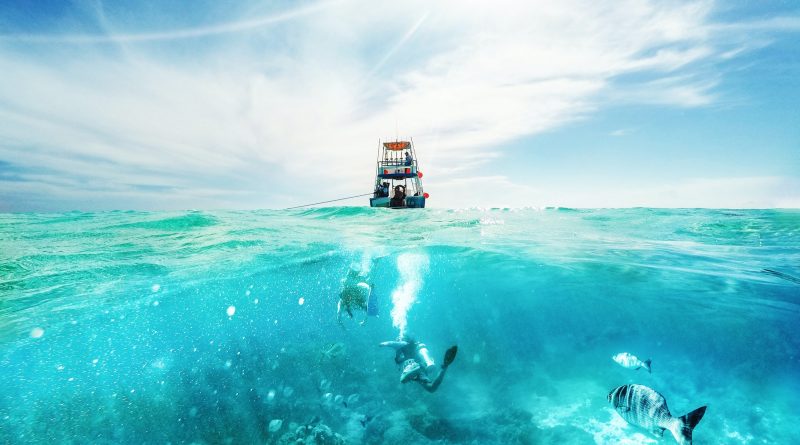 Divers and Boat in the Caribbean Sea