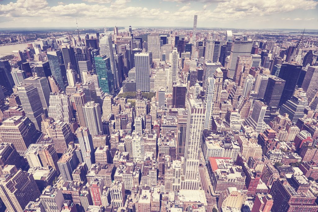 Vintage toned aerial picture of New York skyline, USA.