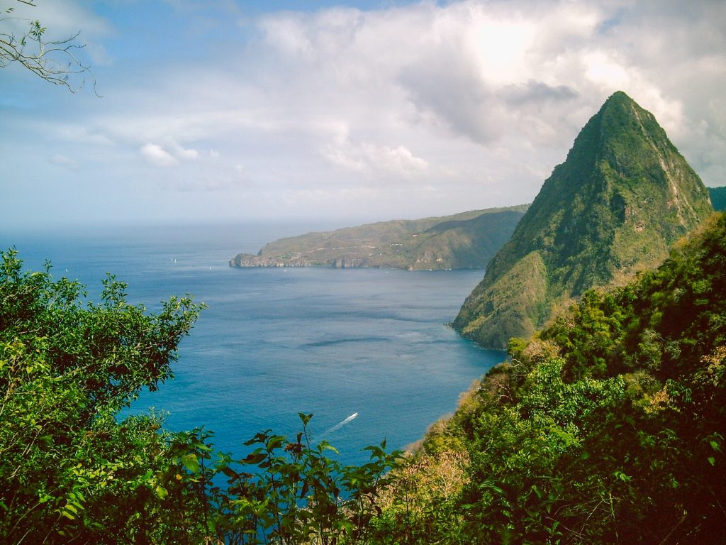 A beautiful landscape view of the Petit Piton from the Gros Piton in Saint Lucia.