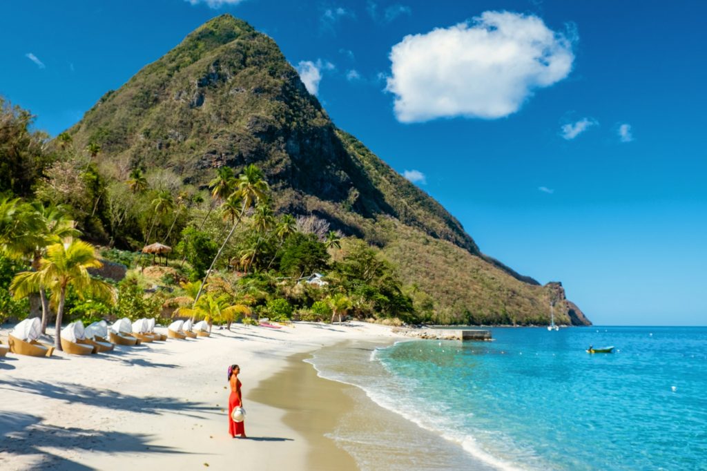 St Lucia Caribbean, woman on vacation at the tropical Island of Saint Lucia