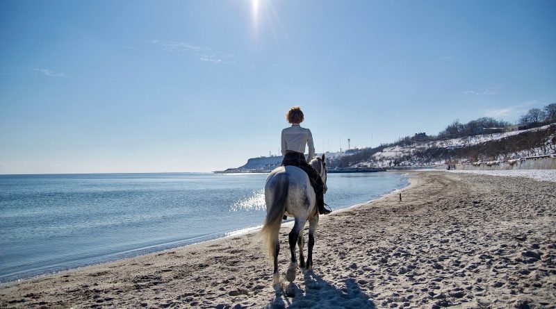A fairytale picture with a woman riding horse alone on the beach
