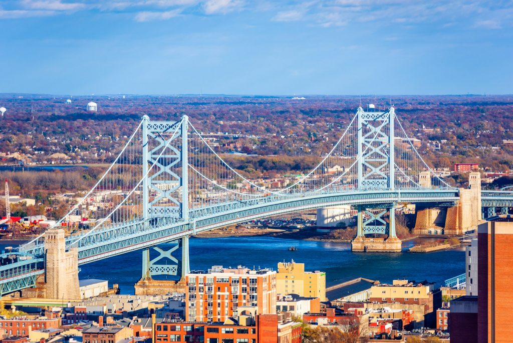 Benjamin Franklin Bridge Spanning the Delaware RIver from Philadelphia to Camden, New Jersey, USA.