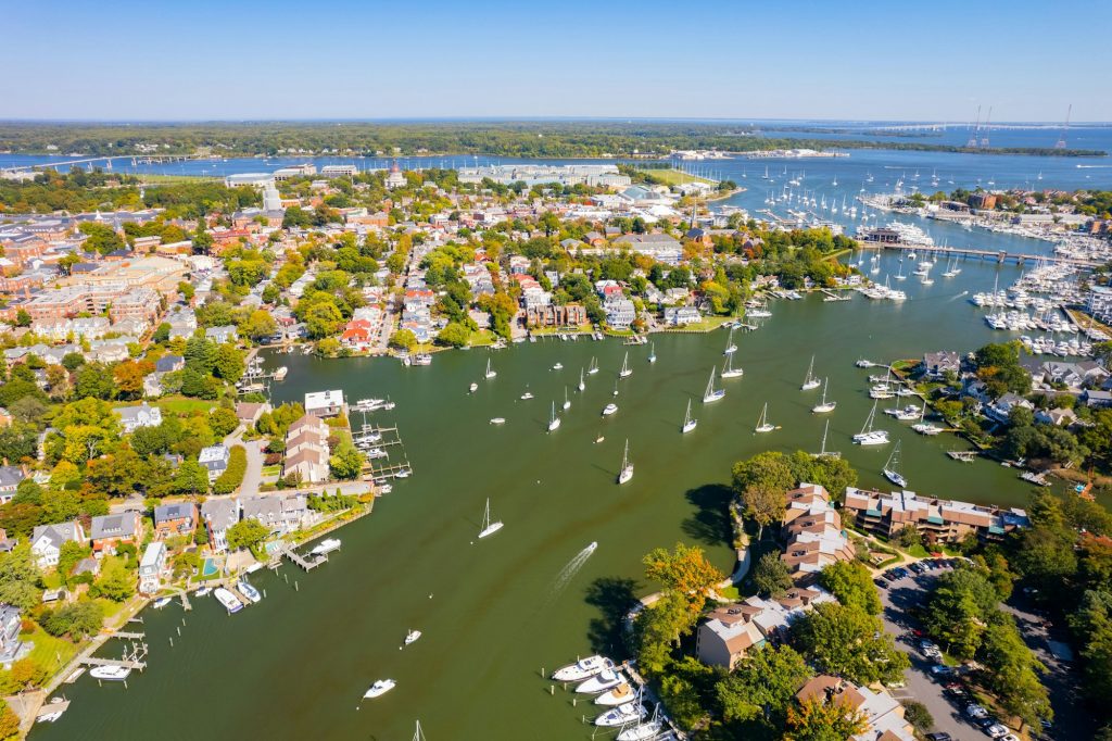 Aerial view of the Maryland harbor with ships and boats in Annapolis, Maryland, United States