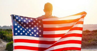 Rear vew of man holding USA American flag against sunset sky outdoor. Independence day of USA