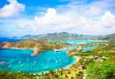 View of English Harbor from Shirley Heights, Antigua, paradise bay at tropical island in the