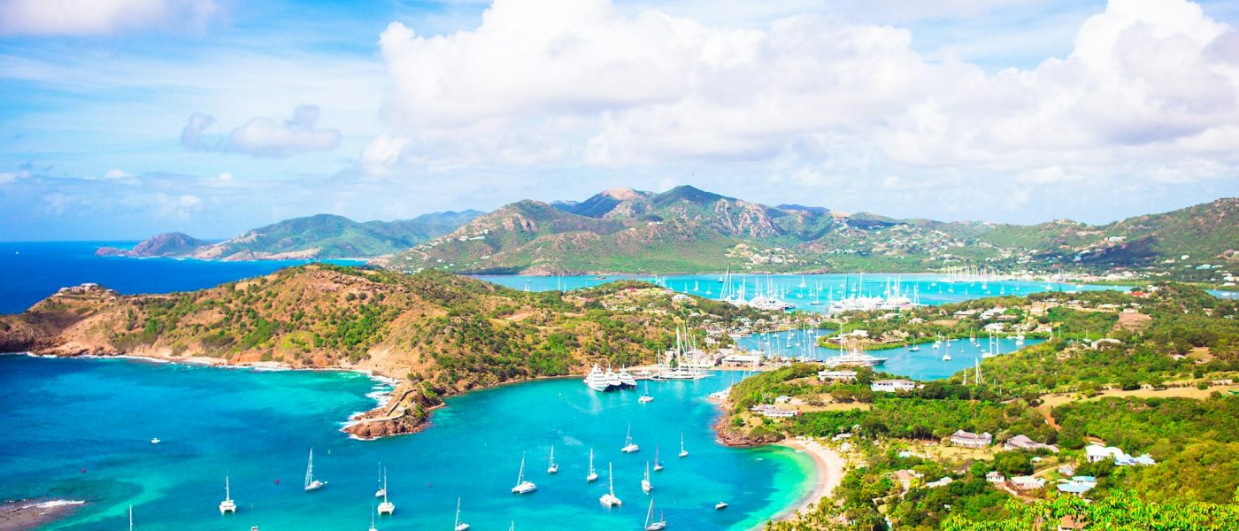 View of English Harbor from Shirley Heights, Antigua, paradise bay at tropical island in the