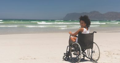 Woman disable sitting on wheelchair at beach