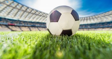close up view of soccer ball on grass on soccer field stadium